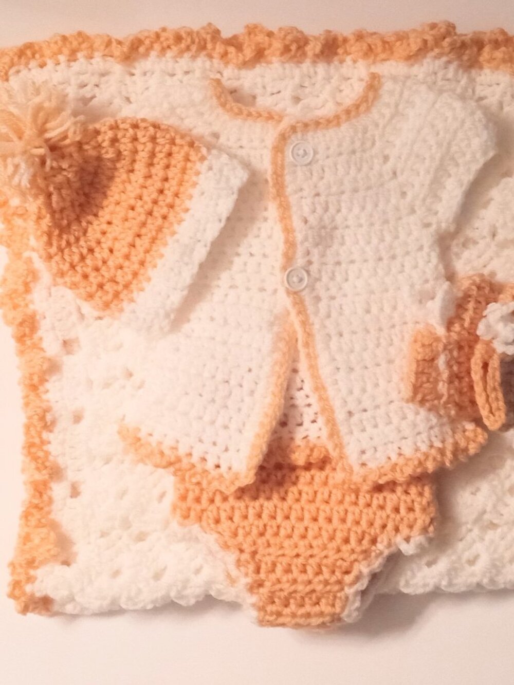 Handmade Crochet Newborn Baby Gift Set White/Peach Blanket Cardigan Hat Booties
